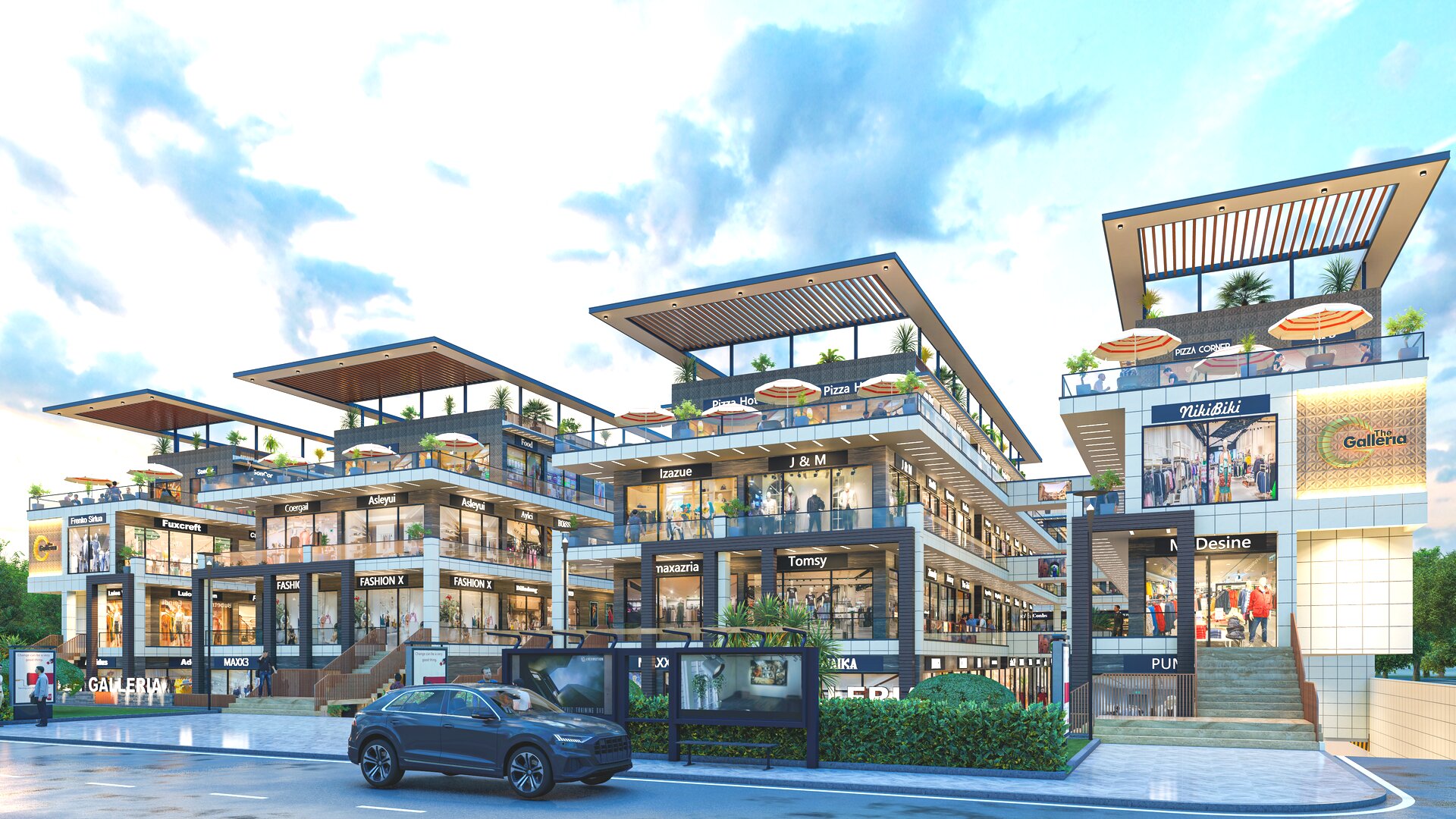 The Galleria — front exterior render, high-street retail shops
